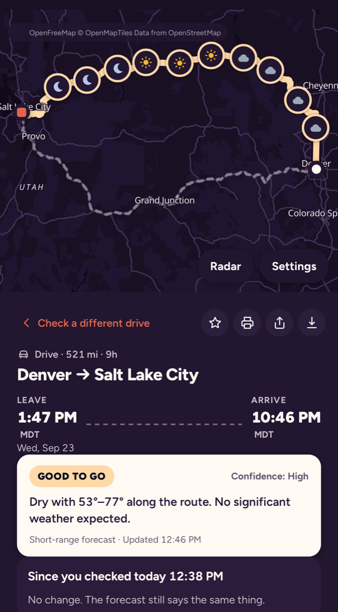 ForeDrive briefing for Denver to Salt Lake City in dark mode: the route on a map with a Good to go rating