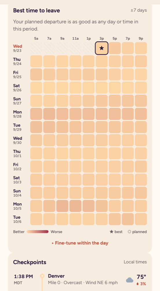 Best time to leave calendar showing two weeks of departure times colored by conditions