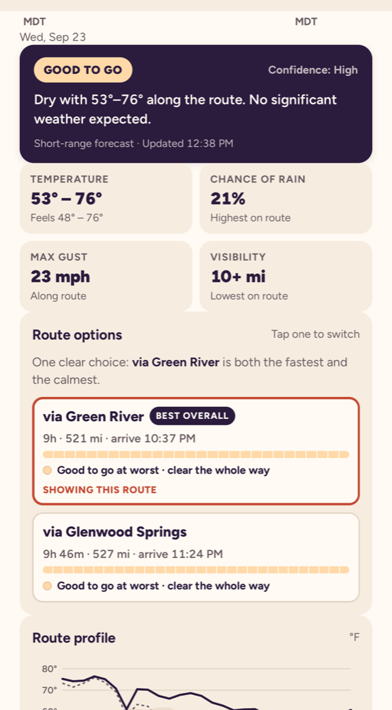 Route options card comparing two routes on weather, time and distance